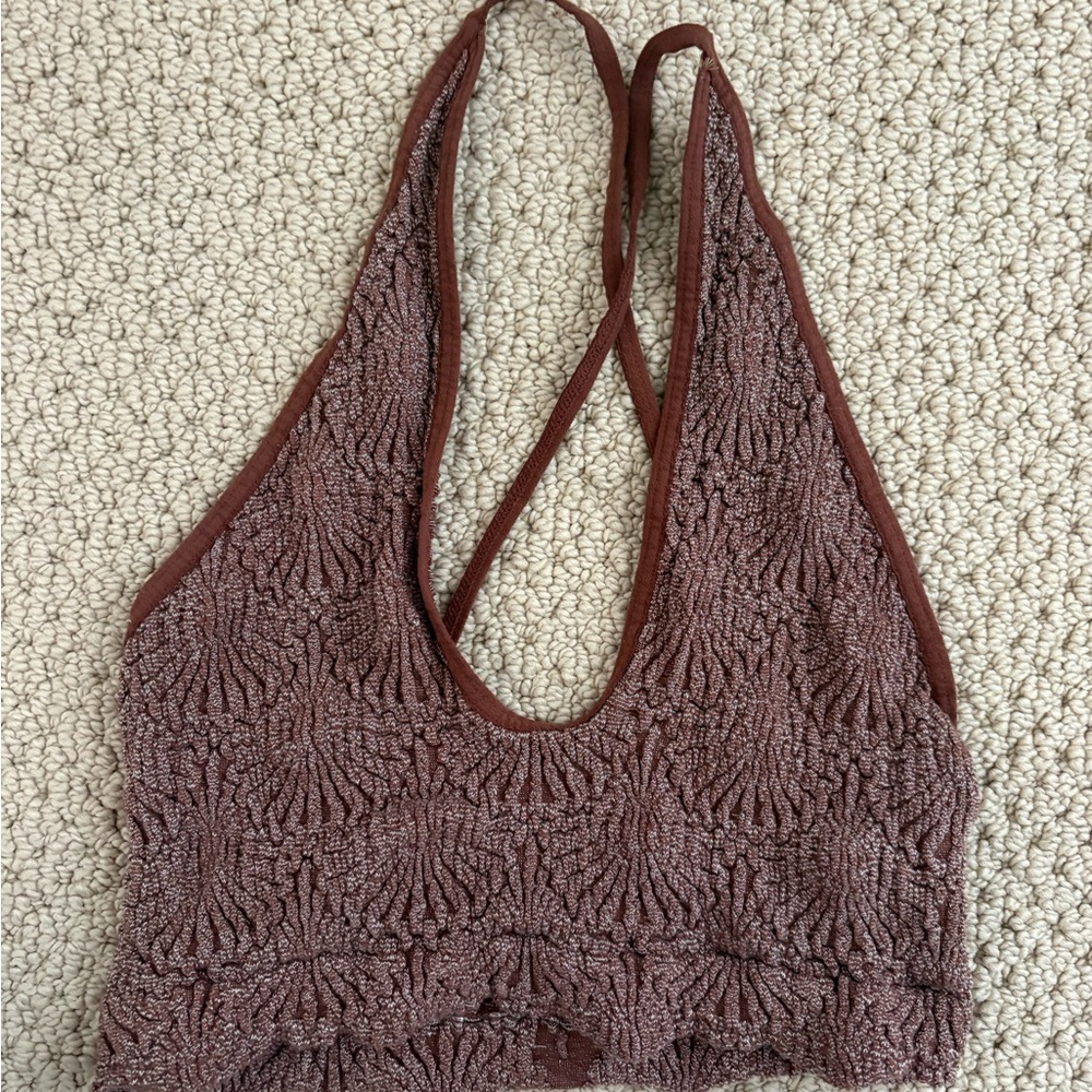 Free People Textured Brown Cropped Halter Tank Top